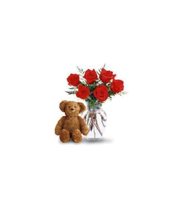 6 Red Roses and Small Teddy Bear