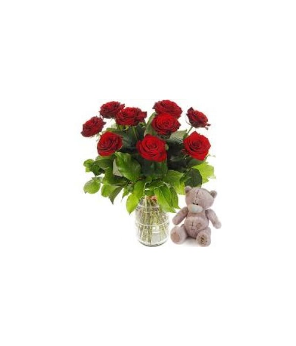 9 Red Roses and Small Teddy Bear