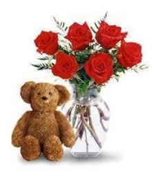 6 Red Roses and Small Teddy Bear